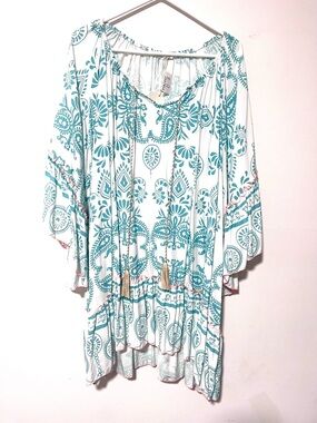 NWT New Collection Italy Teal Paisley Boho Viscose Mini Dress,  Made in Italy